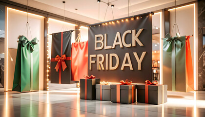 Anticipation for Black Friday with decorative presents and bags under soft indoor light neutral