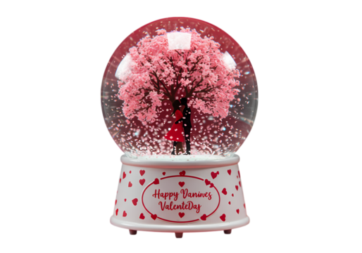 A Musical Snow Globe Pink Blossom Tree and Hearts Valentines Day Gift isolated on transparent background