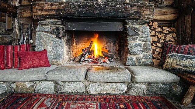 Cozy Cabin Ambiance, Fireplace Relaxation, Comfort and Rustic Charm