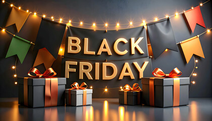Elegantly wrapped gifts herald the grand Black Friday sales event shining under warm and inviting