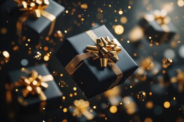 Luxury Christmas gifts falling and stacking, black boxes with golden bows, rich holiday feel