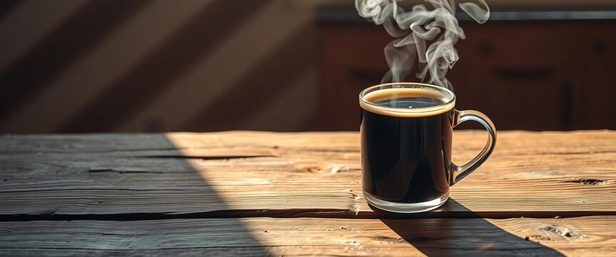 Steaming mug of dark coffee on a rustic wooden table, sunlight streams in, brown, dark