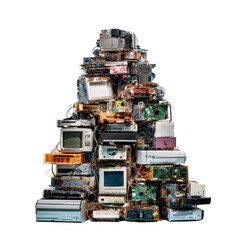A large pile of old computer hardware and electronics stacked high isolated on transparent background