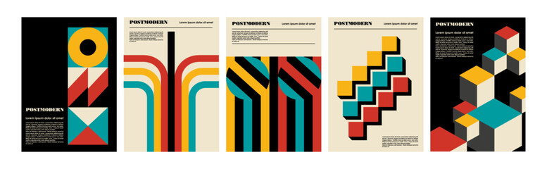Artworks, posters inspired postmodern of vector abstract dynamic symbols with bold geometric shapes, useful for web background, poster art design, magazine front page, hi-tech print, cover artwork