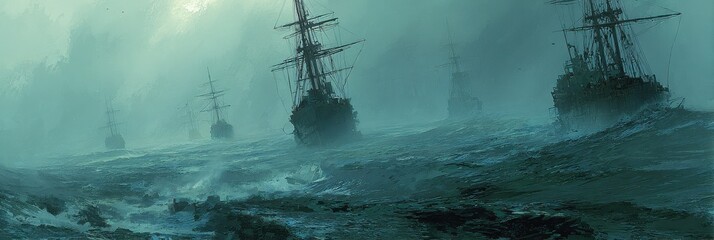 Fototapeta premium Ghost Ships. Haunting Sea of Wrecks in Stormy Ocean Fog