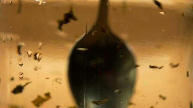 The process of brewing loose leaf tea in a transparent container or dish.
Hot water in a glass teapot.
A person stirring loose leaf tea in hot water before breakfast.
Aromatic herbal tea