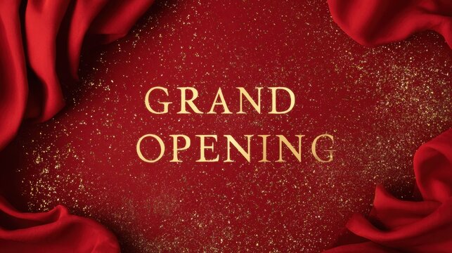 Grand Opening Template. Elegant Luxury Red Curtain Banner for Social Media Stories with Golden Confetti and Silk Swirls