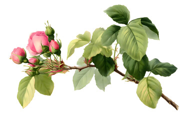 A delicate rose branch showcases the soft pink hues of budding roses amongst vibrant green leaves.