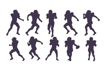 American football player silhouette set. Vector collection of athletes in various running and action poses for sports design.