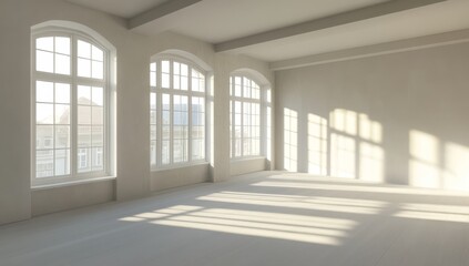 Empty sunlit room with large windows, city view