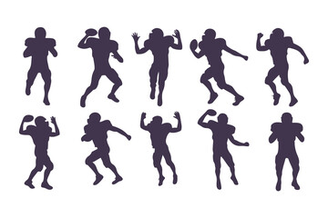American football player silhouette set. Vector collection of athletes in various running and action poses for sports design.