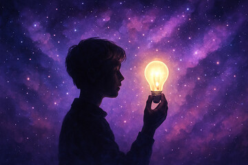 Person holding glowing lightbulb against starry purple nebula image