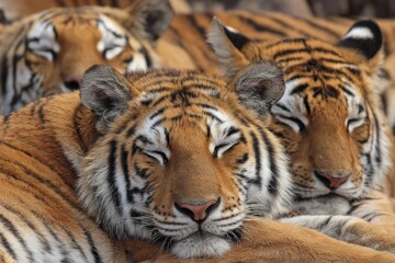 Fototapeta premium Group of Tigers Resting in Indian National Park. Wild Bengal Cats in Nature
