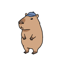Naklejka premium Cartoon capybara standing and wearing a blue hat 