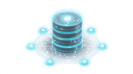 Cylindrical structure glowing with blue light, connected to smaller nodes via network-like lines, futuristic