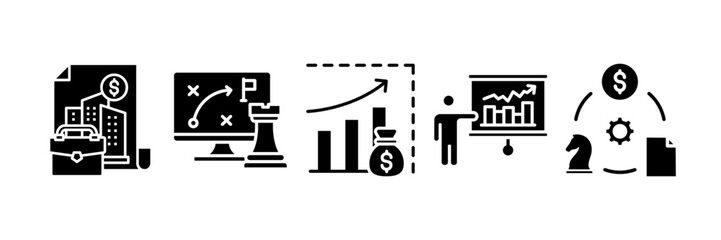 Strategy Business Icon Set Multiple Style Collection, Containing design Financial Markets, Business Model, Economist Explain, Sales Forecasting