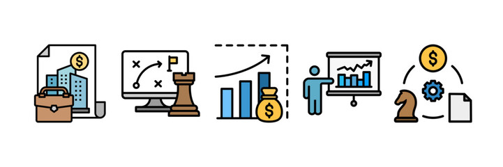 Strategy Business Icon Set Multiple Style Collection, Containing design Financial Markets, Business Model, Economist Explain, Sales Forecasting