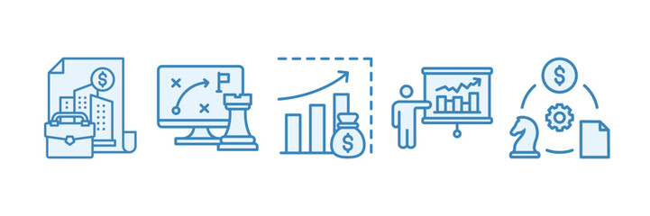Strategy Business Icon Set Multiple Style Collection, Containing design Financial Markets, Business Model, Economist Explain, Sales Forecasting