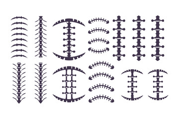 Football laces and stitches vector icon set. Graphic elements for American football design, sports logos, and apparel.