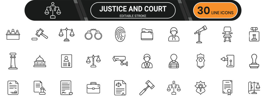 Justice and court line icon set. Containing judge, gavel, scales, case, lawyer, court, justice, legal and more. Editable stroke. Vector illustration.
