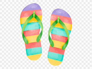 Rainbow striped flip flops in watercolor style, colorful summer beach footwear, hand-painted vacation vector.