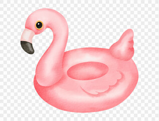 : Pink flamingo inflatable swim ring in watercolor style, summer pool float toy for beach vacation vector.
