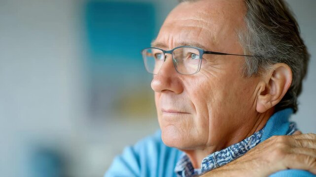 Thoughtful elderly man wearing glasses contemplates brain health stroke awareness and recovery with calm reflective expression