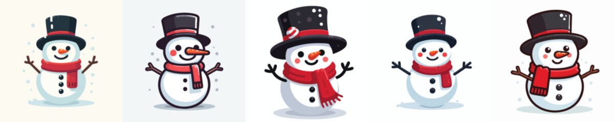 Adorable Snowman Vector Set – Flat Cute Christmas Snowmen with Red Scarf and Black Top Hat in Playful Poses