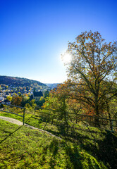 View from the Tempelchen Eifelblick overlooking the town of Schleiden and the surrounding countryside. A historic war memorial in the Eifel region.
