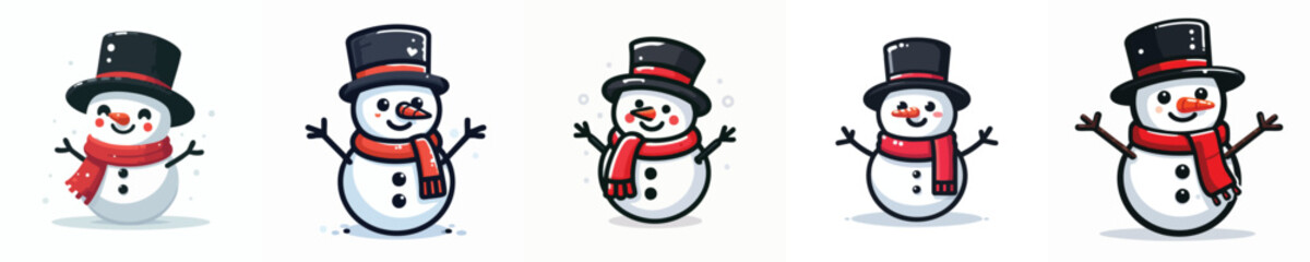 Cartoon Snowman Vector Icons – Flat Cute Snowmen with Black Top Hats and Red Scarves for Winter and Christmas Designs