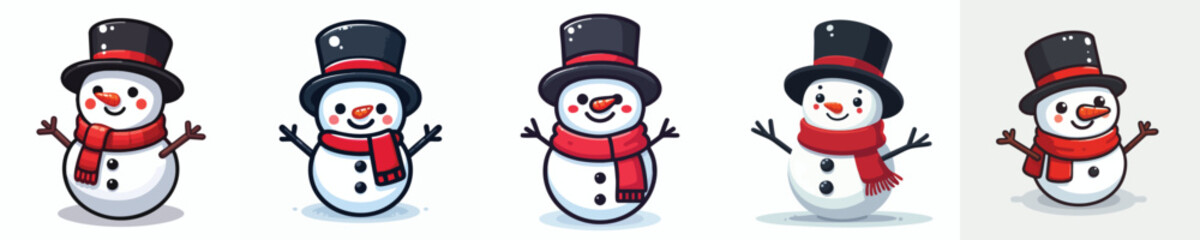 Cute Snowman Vector Set – Happy Snowmen with Red Scarf and Top Hat for Winter and Christmas