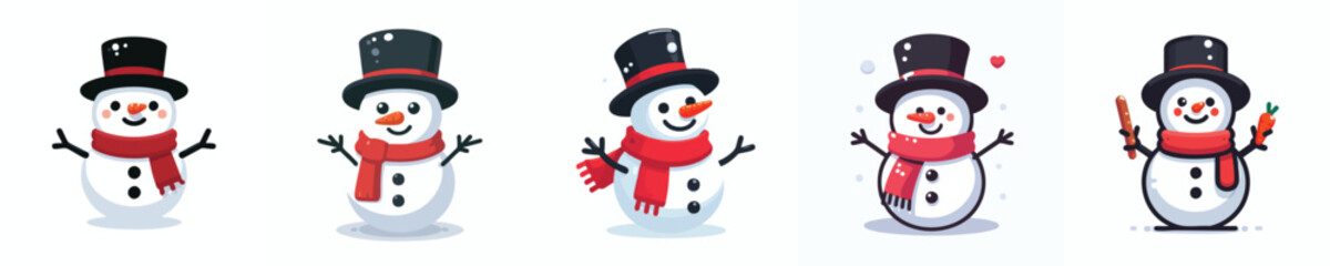 Cute Snowman Vector Collection – Christmas Snowman in Red Scarf and Black Top Hat with Fun Poses