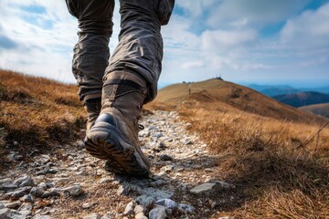 Hiking Pants. Active adult wearing trekking boots walking in the mountains, closeup detail of feet on rocky road
