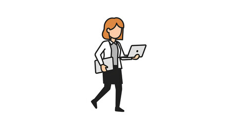 Animated businesswoman walks while holding a laptop and folder, perfect for illustrating productivity, work, and modern office life.