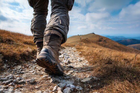 Hiking Pants. Active adult wearing trekking boots walking in the mountains, closeup detail of feet on rocky road