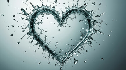 Broken heart syndrome concept ,Water splash in heart shape with droplets flying, symbolizing love and fluidity in motion