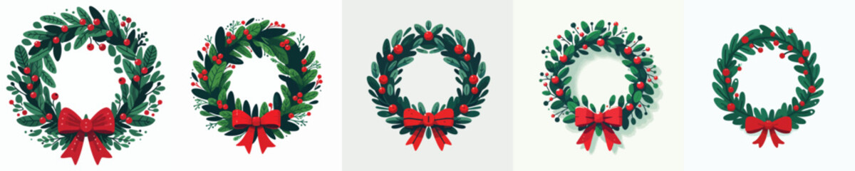 Naklejka premium Christmas Wreath Vector Icons – Green Holiday Laurel Circle with Red Berries and Bows in Flat Style for Festive Decoration