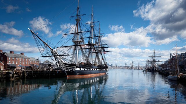 Historic Boston: USS Constitution in Dock. Old Ship Sailing in Boston Harbor