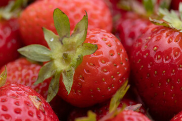 Close-Up of Fresh Ripe Strawberries with Leaves
