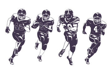 American football player illustration set. Vector graphic of athletes running in dynamic action poses for sports team design.