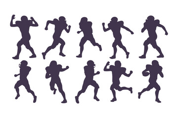 American football player silhouette set. Vector collection of athletes in various running and action poses for sports design.