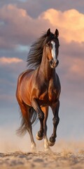 Horse Canter. Active Bay Stallion Enjoying Playtime in Sandy Field under Sunset Sky