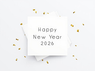 Elegant 2026 New Year Greeting Card Mockup: Minimalist White Design with Gold Confetti.