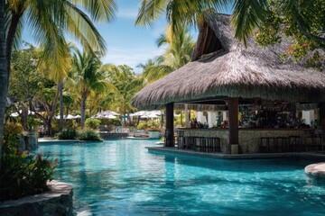 Fototapeta premium Hotel Pool Bar. Tropical Resort with Luxury Pool Bar for Vacation and Holiday