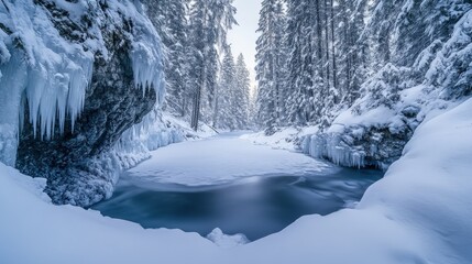 Frozen river winding through a snowy forest.