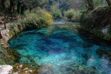 Naklejka premium Hydrology Exploration: Discovering the Blue Eye Spring and River in Beautiful Albania