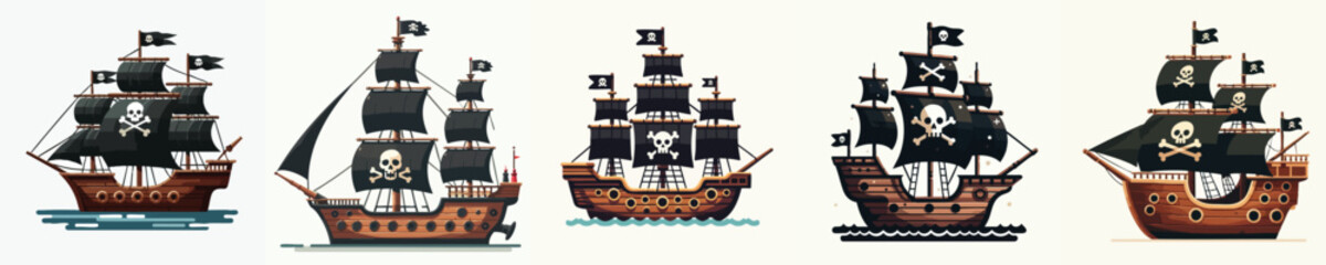 Black Pirate Ships with Skull Flags – Flat Vector Cartoon Set