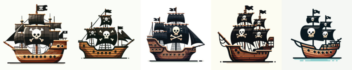 Fototapeta premium Pirate Ship with Black Sails and Skull Flags – Flat Vector Illustration