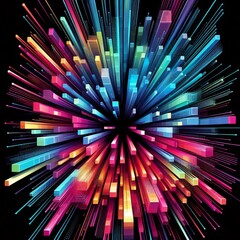 Vibrant, dynamic abstract digital artwork featuring colorful rectangular blocks radiating outward, creating a sense of energy and movement. AI generated.
