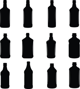 Bottle Silhouette Collection Featuring Various Glass and Plastic Container Shapes for Beverages, Craft Beer, Wine, Spirits, Oil, Medicine, and Water Packaging Design Mockups and Vector Graphic Assets.